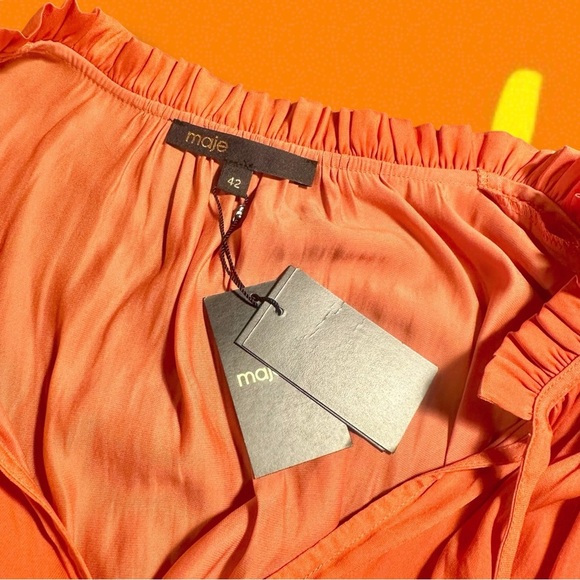 NWT Maje Orange ‘Radjinette’ Tiered Ruffle Satin Midi Dress French Size 42 = XL - Picture 4 of 16